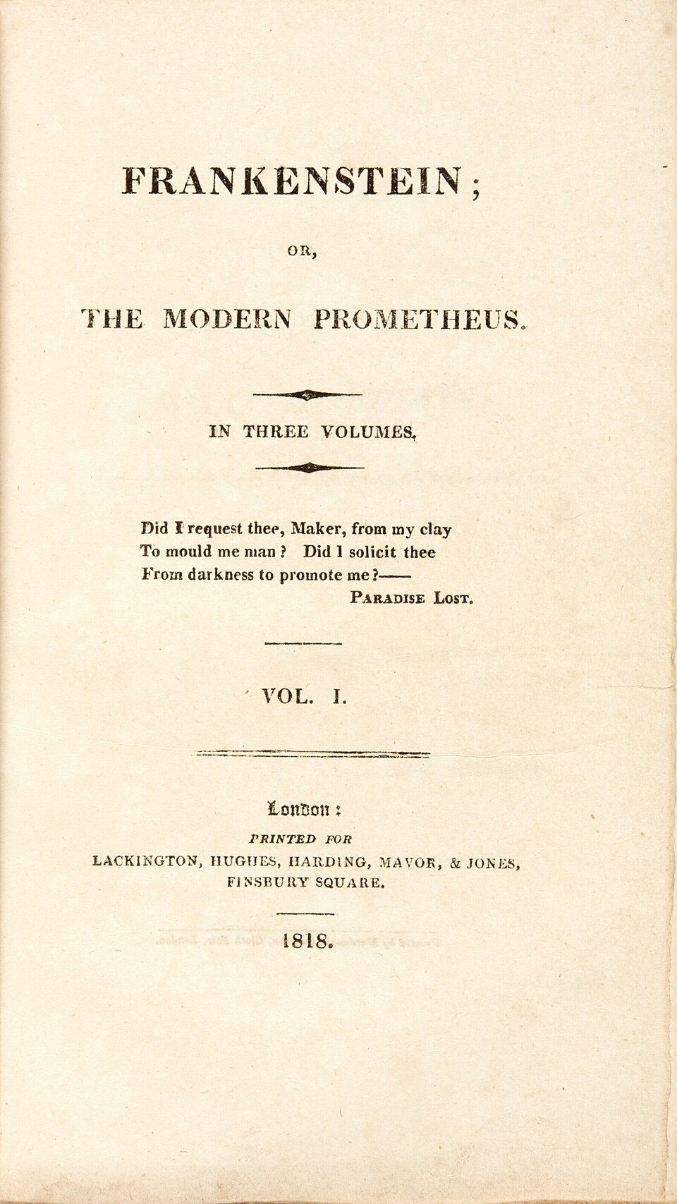 Title page of the first edition of Frankenstein; or, The Modern Prometheus, London, 1818