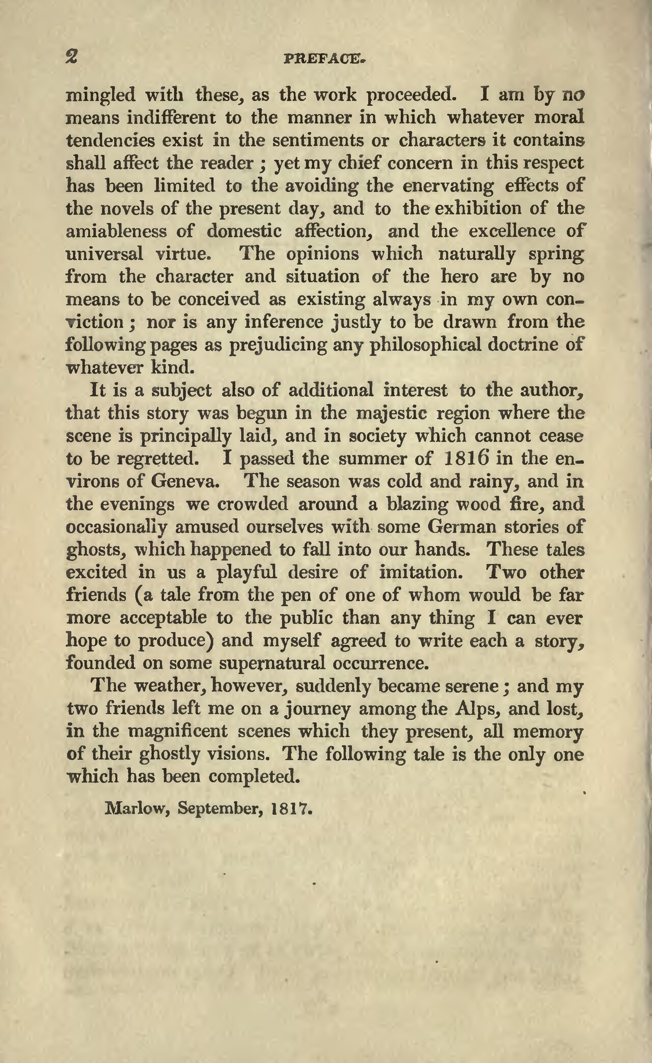 Preface, believed written by Percy Shelley, reading: I passed the summer of 1816 in the environs of Geneva. The season was cold and rainy