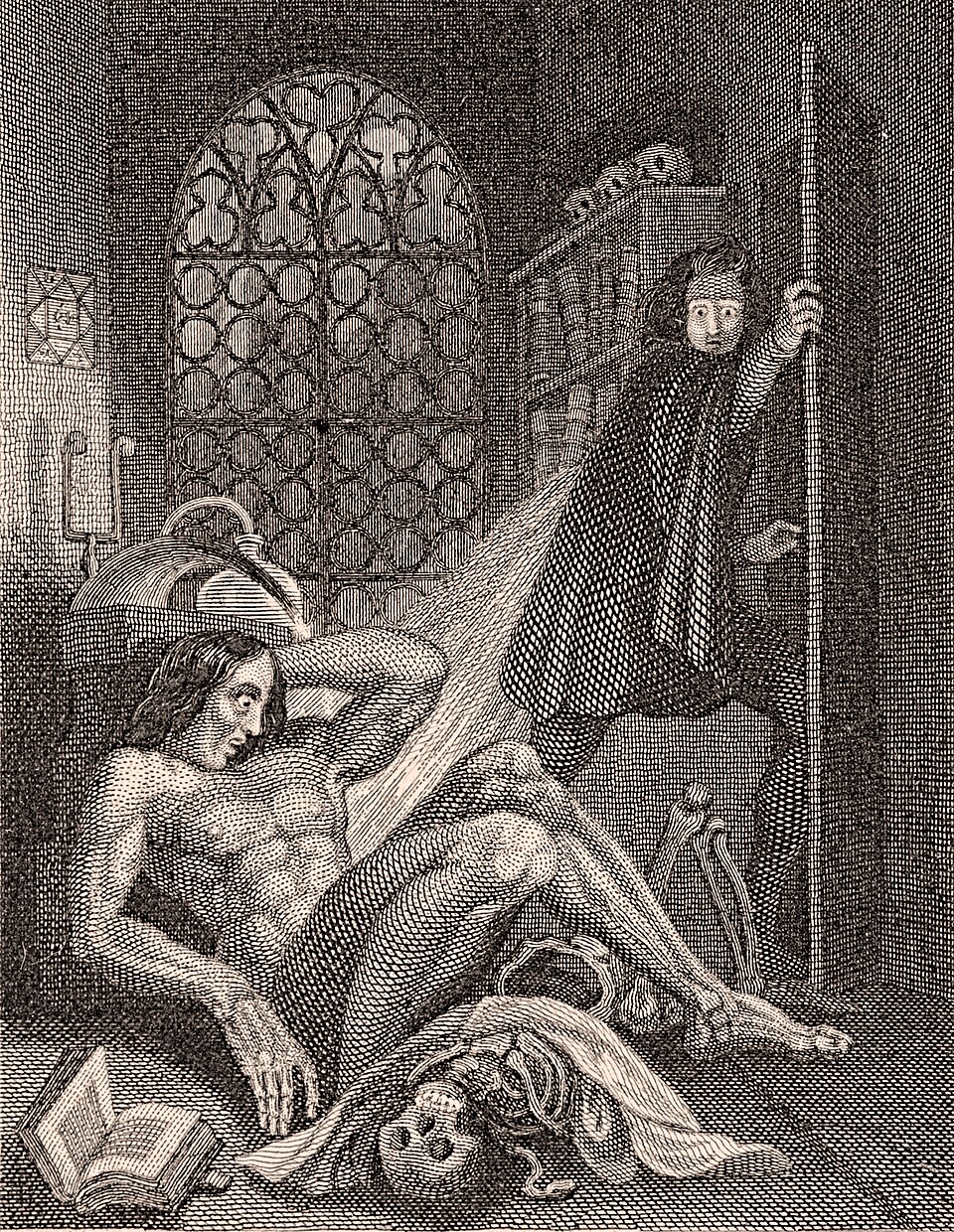 1831 frontispiece engraving showing Victor Frankenstein fleeing as his creature awakens