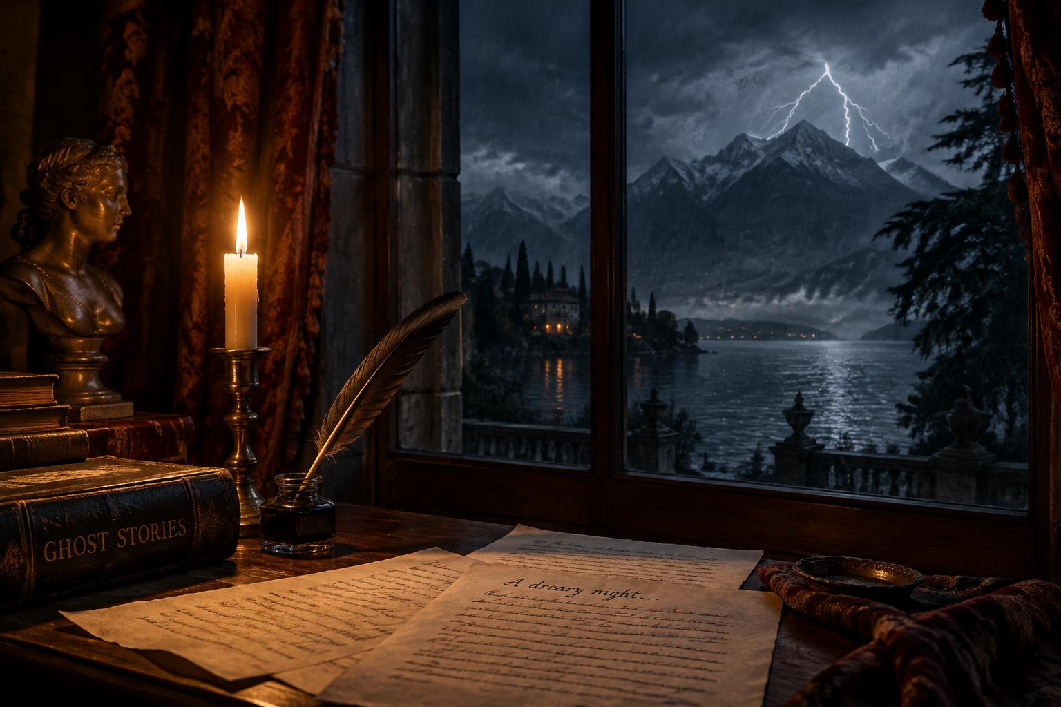 A candlelit desk with a quill and manuscript beside a rain-streaked window overlooking a stormy Lake Geneva