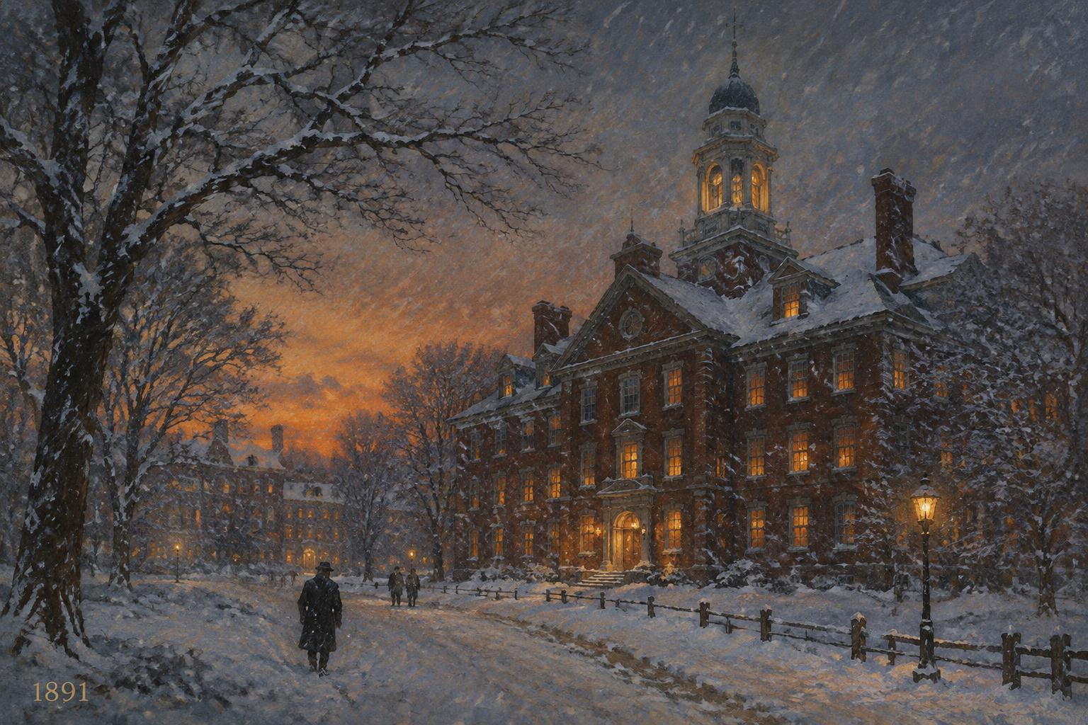 A brick college building glowing through heavy snowfall at dusk