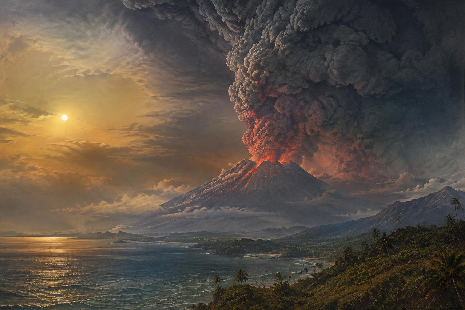 Mount Tambora erupting with a towering ash plume dimming the sun